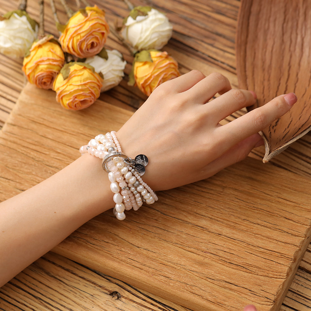 Armband mit echten weissen Perlen rosa Glas